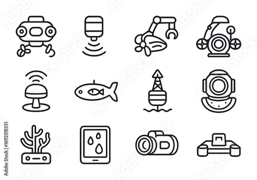 Ocean Drone Icons. Outline icon set of ocean drones: underwater bots, sonar modules, propellers, sampling arms