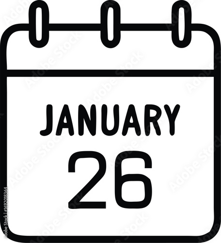 Simple black and white icon of a calendar page showing January 26 date twenty six style vector illustration EPS file download