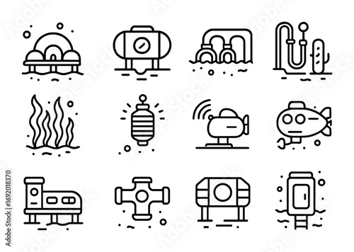 Deep-Sea Colony Icons. Outline icon set of deep-sea colonies: underwater domes, pressure-resistant habitats,