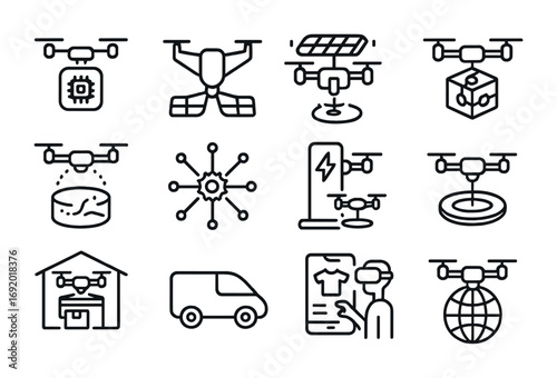 Futuristic Drone Economy Icons. Outline icon set of futuristic drone economy: AI-driven drones, hybrid wings,