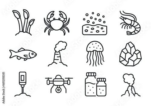 Hydrothermal Life Icons. Outline icon set of hydrothermal life: giant tube worms, white crabs, microbial mats,
