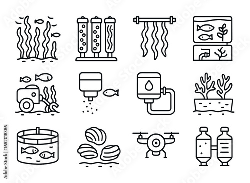 Underwater Farming Icons. Outline icon set of underwater farming: kelp farms, algae tubes, seaweed racks,