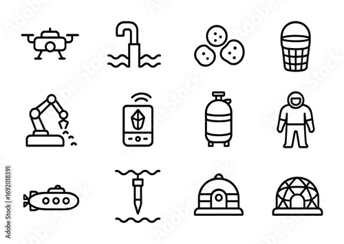 Ocean Mining Icons. Outline icon set of ocean mining: mining drones, suction pipes, nodules, collection
