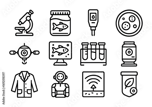 Ocean Science Icons. Outline icon set of oceanic science labs: microscopes, sample jars, water analyzers,