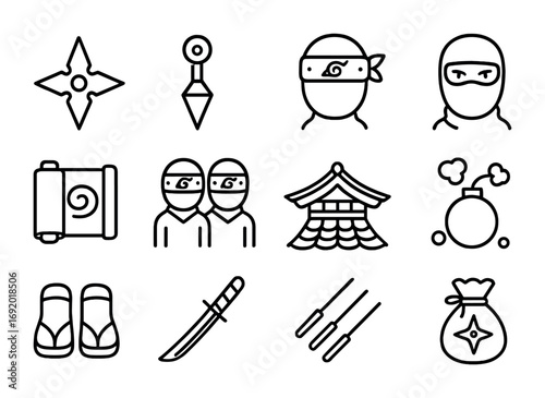 Ninja Icon Collection. Outline icon set of ninja anime: shuriken, kunai, headband, mask, scroll, shadow clone,