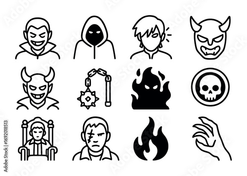 Anime Villain Icons. Outline icon set of anime villains: evil grin, dark cloak, glowing eye, cursed mask,