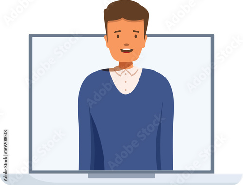 Cheerful businessman attending online meeting, participating in video conference, using laptop for business communication
