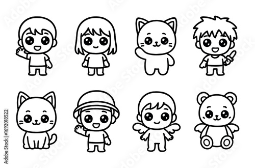 Chibi Anime Icons. Outline icon set of chibi anime: big head character, sparkle eyes, short body, waving hand,