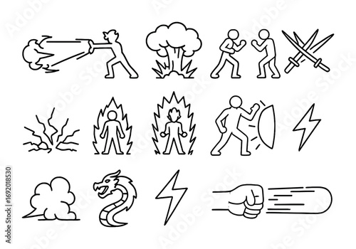 Anime Battle Icons. Outline icon set of anime battles: energy wave, explosion, duel stance, sword clash,