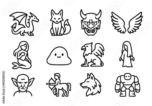 Fantasy Creature Icons. Outline icon set of anime fantasy creatures: dragon, kitsune fox, oni mask, tengu