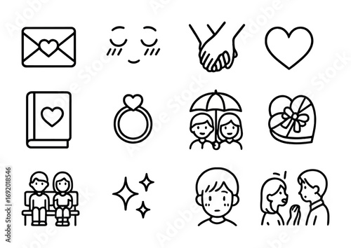 Anime Romance Icons. Outline icon set of anime romance: love letter, blushing cheeks, holding hands, heart