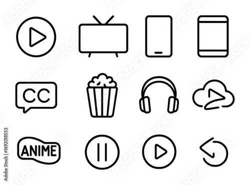 Anime Streaming Icons. Outline icon set of anime streaming: play button, TV screen, smartphone, tablet,