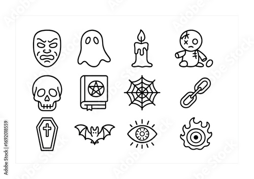 Anime Horror Icons. Outline icon set of anime horror: haunted mask, ghost, dripping candle, broken doll, skull