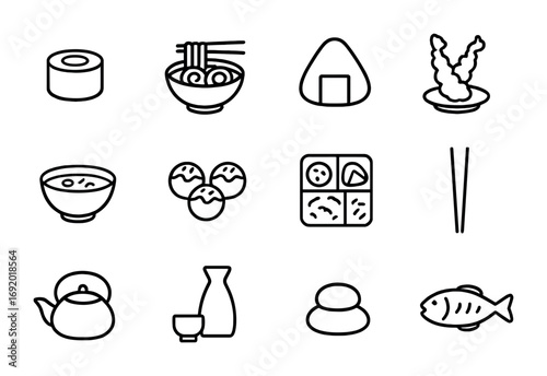 Japanese Food Icons. Outline icon set of Japanese food: sushi roll, ramen bowl, rice ball, tempura, miso soup,