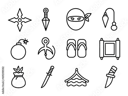 Ninja Culture Icons. Outline icon set of ninja culture: shuriken, kunai, ninja mask, rope dart, smoke bomb,
