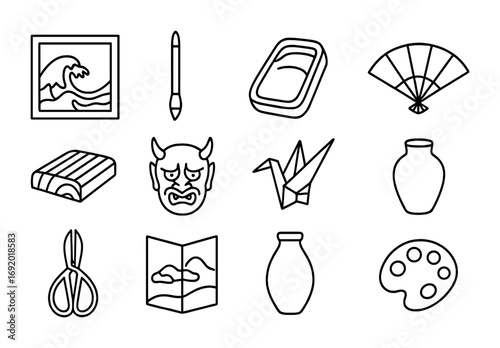 Japanese Art Icons. Outline icon set of Japanese art: ukiyo-e print, calligraphy brush, ink stone, folding fan