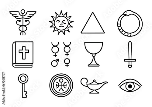 Hermetic Icon Grid. Outline icon set of hermeticism: caduceus, sun and moon, triangle, ouroboros, sacred book,