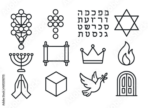 Kabbalah Icon Set. Outline icon set of kabbalah: tree of life, Sephiroth spheres, Hebrew letters, star of