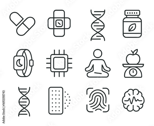 Biohacking Icons Grid. Outline icon set of Bio-hacking lifestyles: smart pills, wearable patch, genetic code