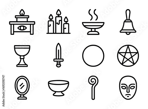 Mystical Ritual Icons. Outline icon set of mystical rituals: altar, candles, incense, bell, chalice, dagger,