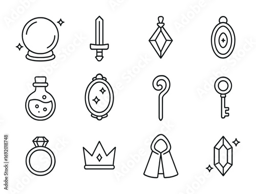 Magical Objects Icons. Outline icon set of magical objects: crystal orb, enchanted sword, talisman, amulet,