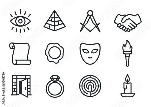 Secret Society Icons. Outline icon set of secret societies: all-seeing eye, pyramid, compass, handshake,
