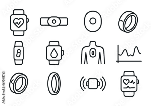 Wearable Tech Icons. Outline icon set of Wearable tracking: smart watch, heart rate monitor, glucose patch,