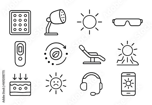 Light Therapy Icons. Outline icon set of Light therapy: red light panel, blue light lamp, circadian sun, eye