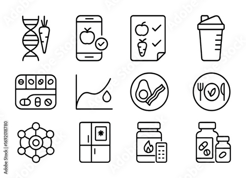 Personalized Nutrition Icons. Outline icon set of Personalized nutrition: food DNA test, diet app, meal plan