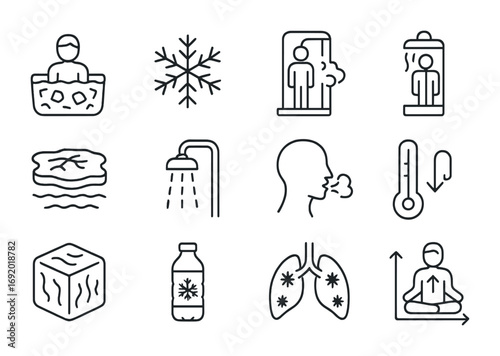 Cold Therapy Icons. Outline icon set of Cold exposure therapy: ice bath, snowflake icon, frozen lake, cryo
