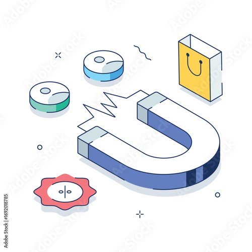 A modern isometric illustration of a powerful magnet attracting customer data, sales, and discounts