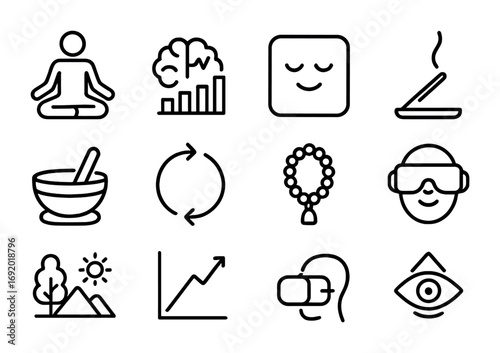 Meditation Icon Set. Outline icon set of Meditation and mindfulness hacks: meditation posture, brainwave