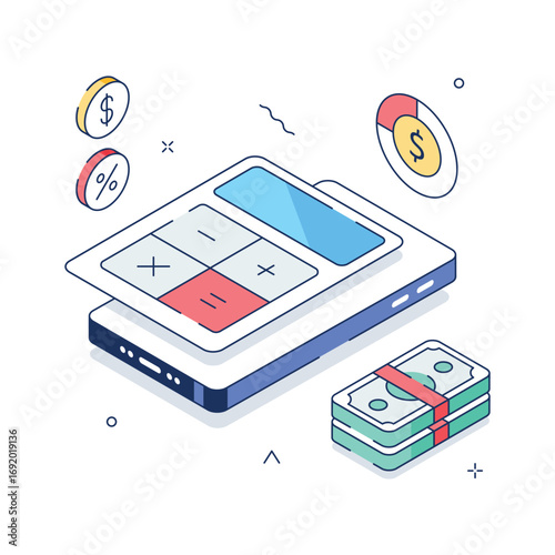 Modern financial calculator app illustration with money and percentage symbols