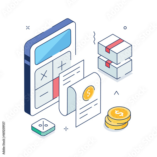 Modern financial management illustration with calculator, invoices, and cash