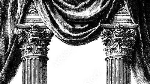 Corinthian columns and ornate capitals with draped curtain in classical architectural style. Detailed vintage vector illustration in black and white.