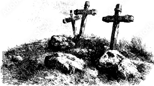 Set of crosses and graves on a grassy hill with rocks in monochrome sketch style. Vintage black and white vector illustration with detailed lines and texture.