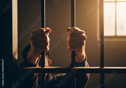 Imprisoned: A poignant portrayal of captivity, with hands gripping cold steel bars, a chilling representation of confinement and the somber weight of lost freedom.