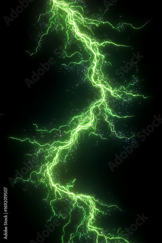Striking green lightning bolt illuminating the dark sky, creating a dramatic atmosphere