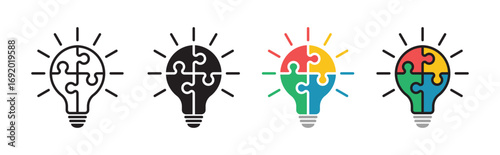Set of light bulb icons with four business puzzle pieces to solve problems and find solutions, Teamwork, Vector illustration