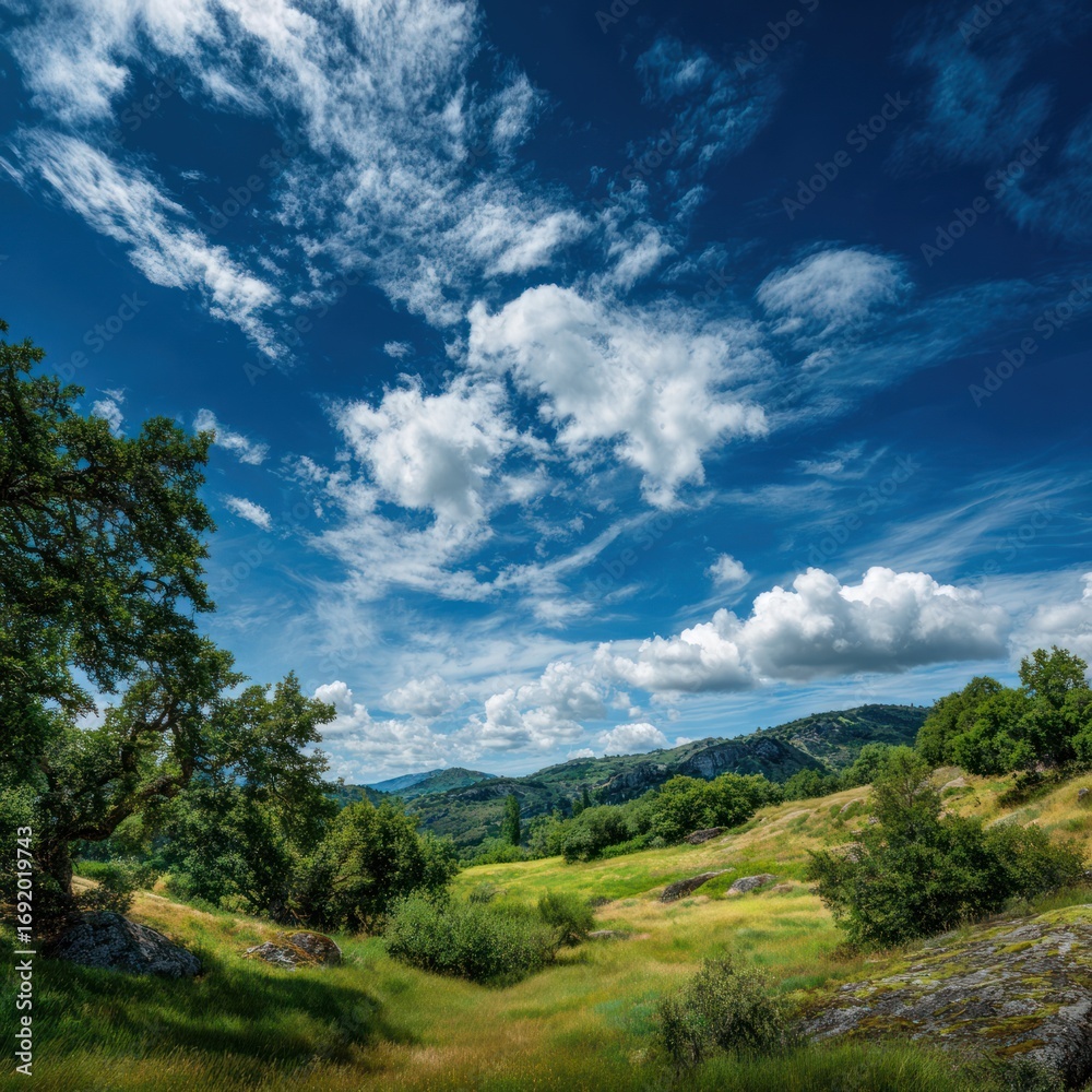 Naklejka premium fresh blue sky above green landscape
