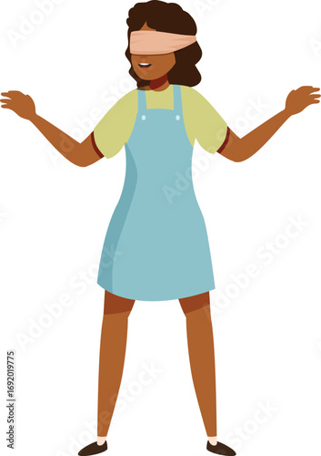 Blindfolded woman playing hide and seek and trying to find other people or objects