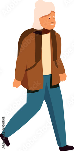 Happy senior woman tourist wearing casual clothes and backpack is walking