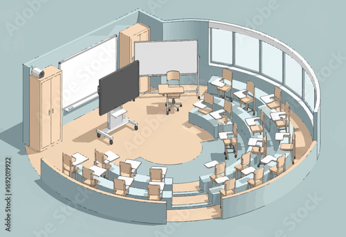 Isometric illustration of a contemporary university lecture hall or classroom interior. Empty educational space with tiered seating and modern presentation technology