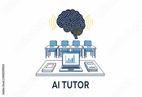 Artificial intelligence in education concept, with a neural network brain teaching students via a laptop in a futuristic digital learning environment