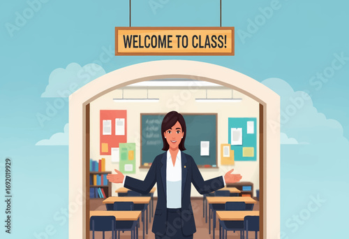 Warm and welcoming female educator stands at the threshold of a brightly lit classroom, inviting students to engage in a positive learning environment