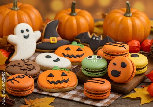 Halloween decoration cookies, Halloween-themed macaron desserts