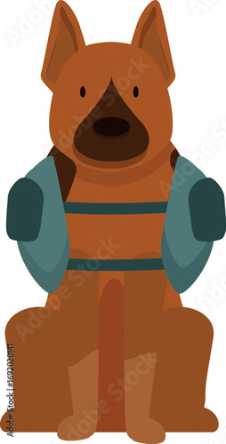 Brown german shepherd rescue dog wearing orange life vest sitting and waiting