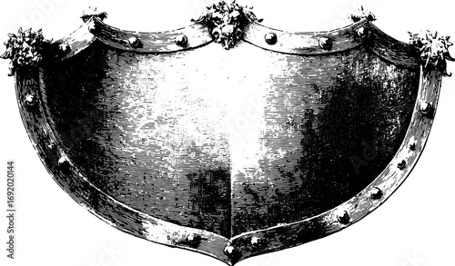 Vintage metal shield with blank heraldry and ornate crest. Classic vector illustration in black and white engraving style.