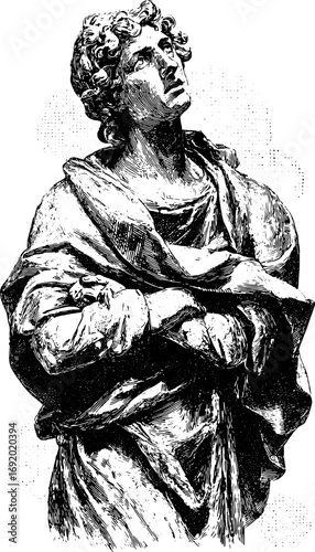 Classical statue of a man in a robe with curly hair. Detailed monochrome vector illustration in realistic engraving style.