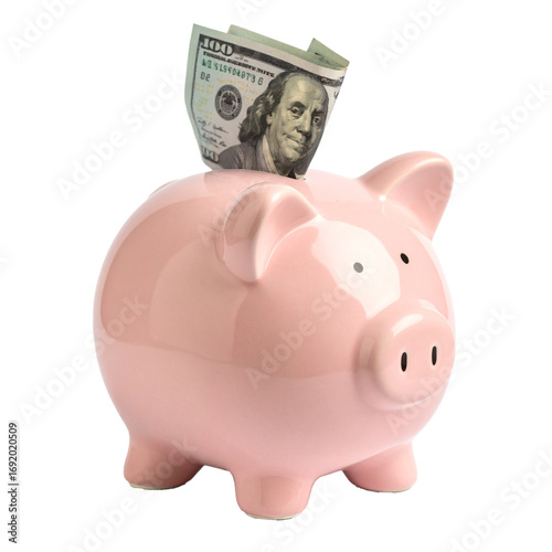 Piggy bank savings. Hundred dollar bill. Money, Financial Education, Transparent Background. PNG.